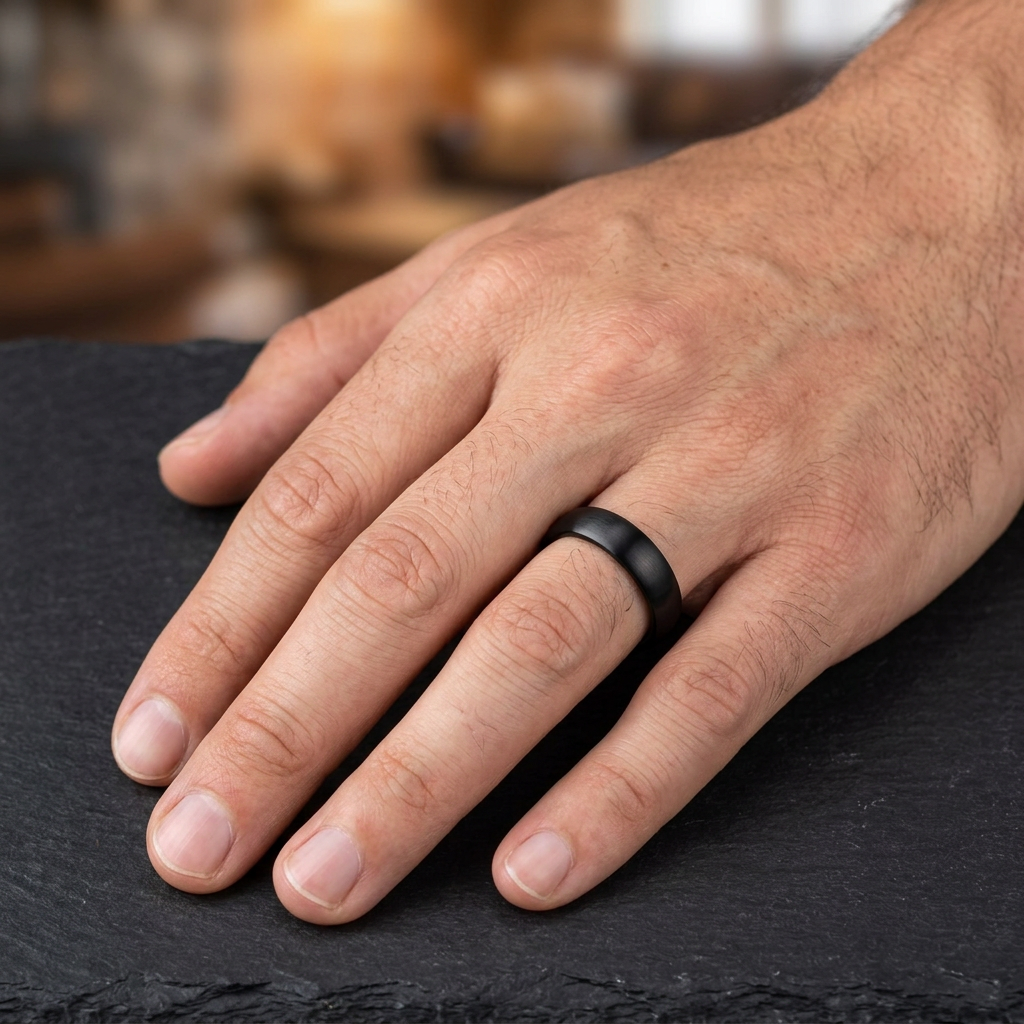 Stainless Steel 4mm Black Satin Comfort Fit Band Ring for Men and Women model