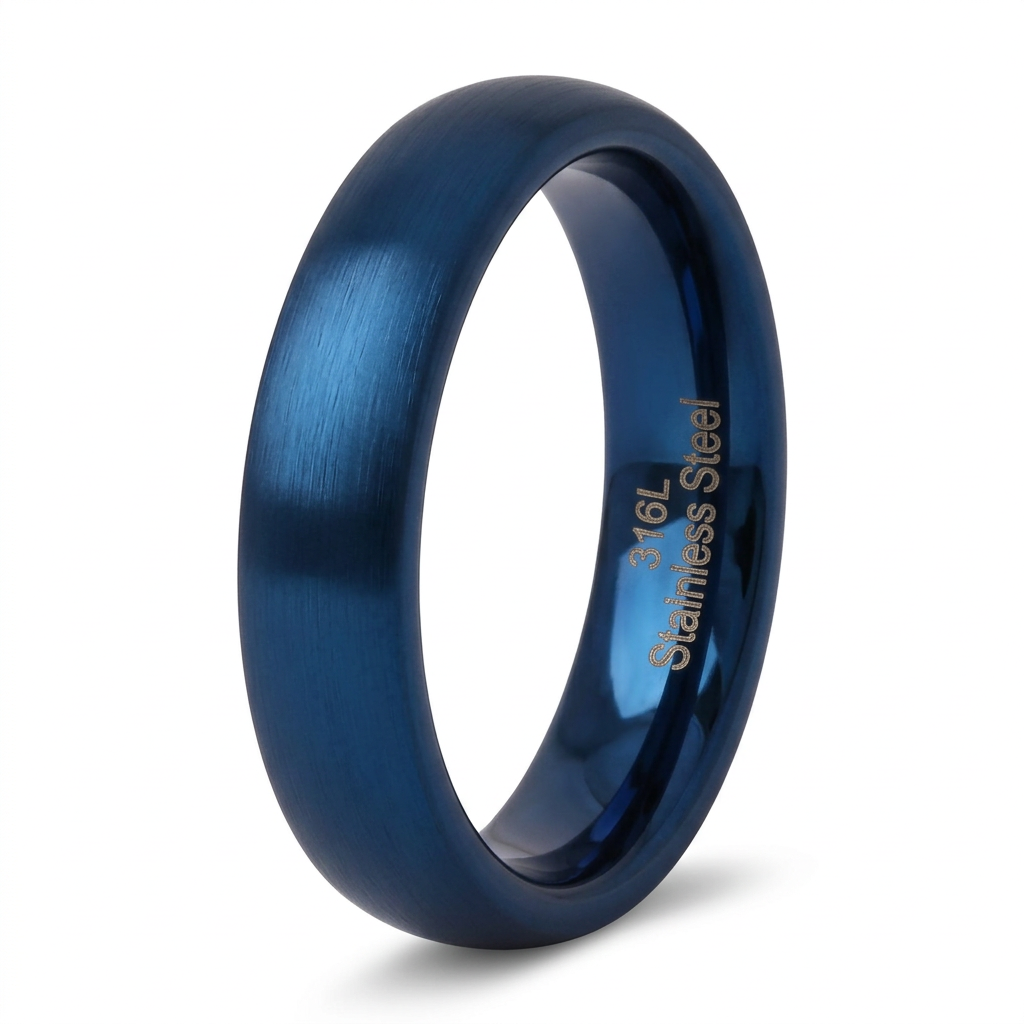 Stainless Steel 4mm Blue Satin Comfort Fit Band Ring for Men and Women