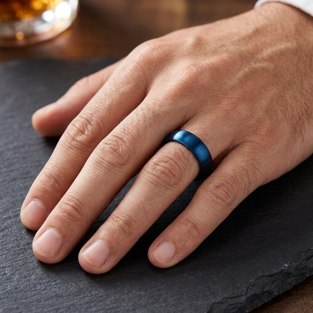Stainless Steel 4mm Blue Satin Comfort Fit Band Ring for Men and Women model