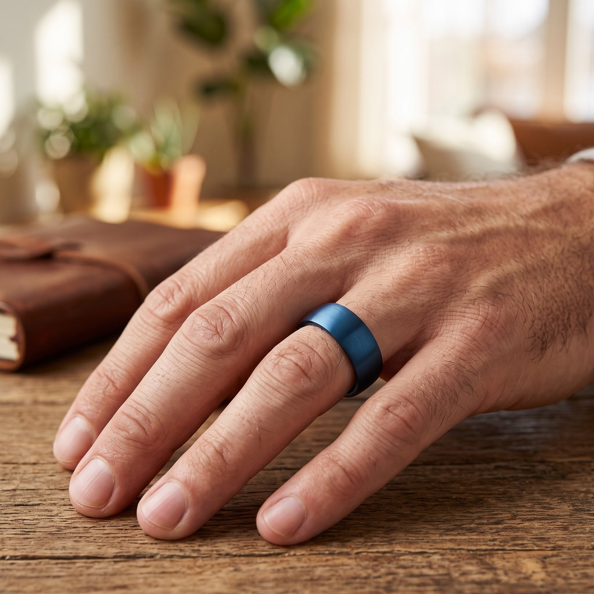 Titanium Men's 8mm Blue Brushed Wedding Band Ring, Comfort Fit, Gift for Him view 5