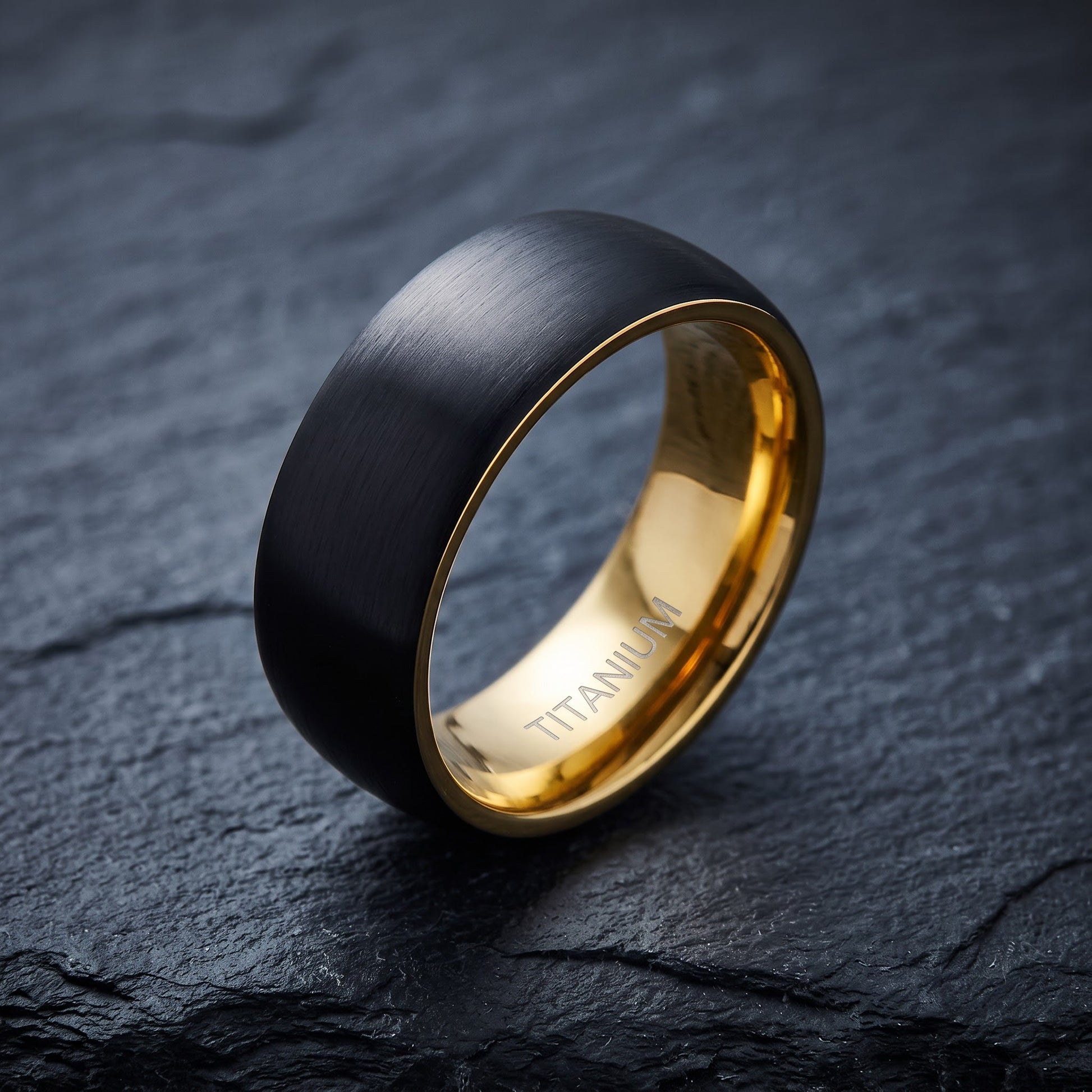 Titanium Men's 8mm Black and Yellow Gold Brushed Wedding Band Ring, Comfort Fit, Gift for Him view 1