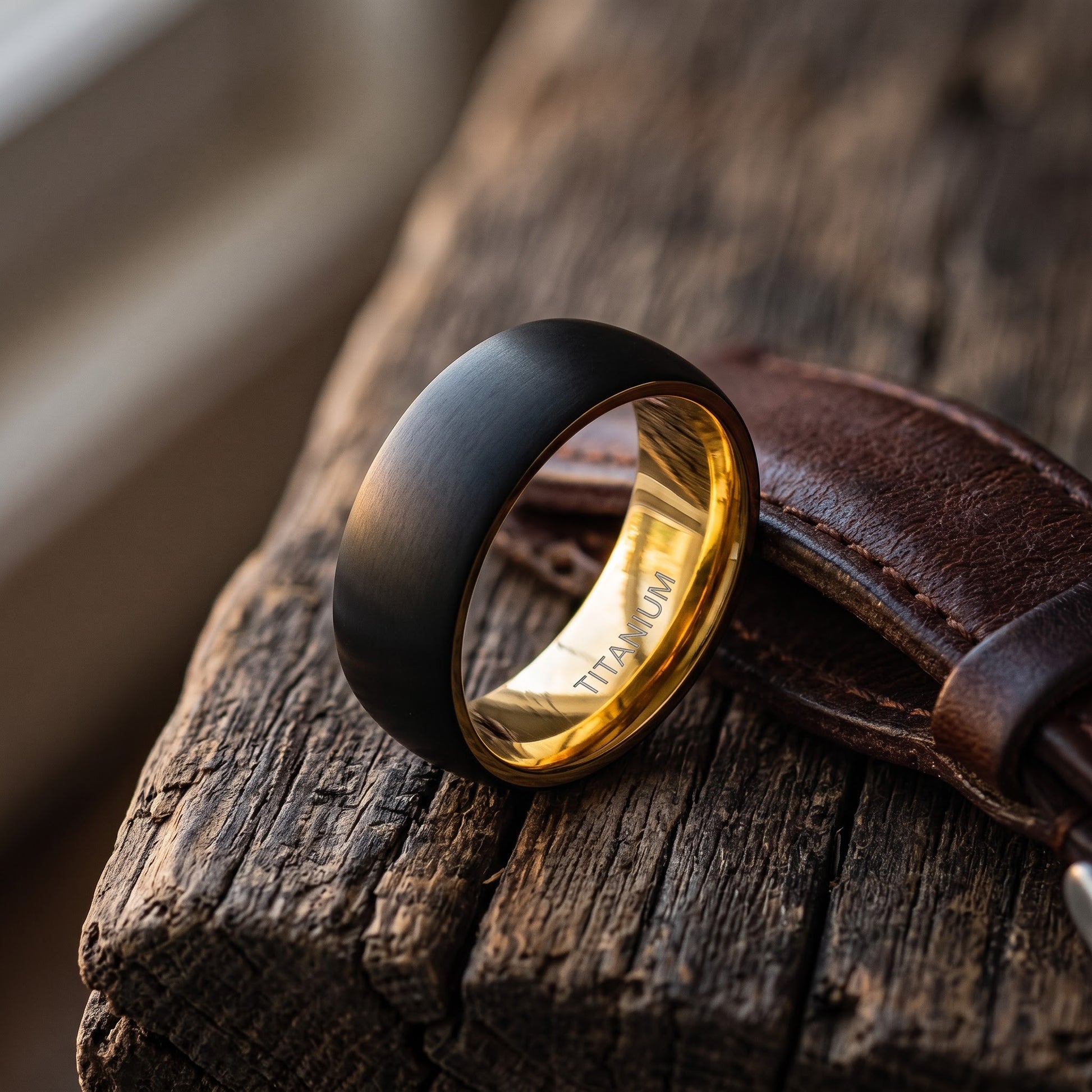 Titanium Men's 8mm Black and Yellow Gold Brushed Wedding Band Ring, Comfort Fit, Gift for Him view 2