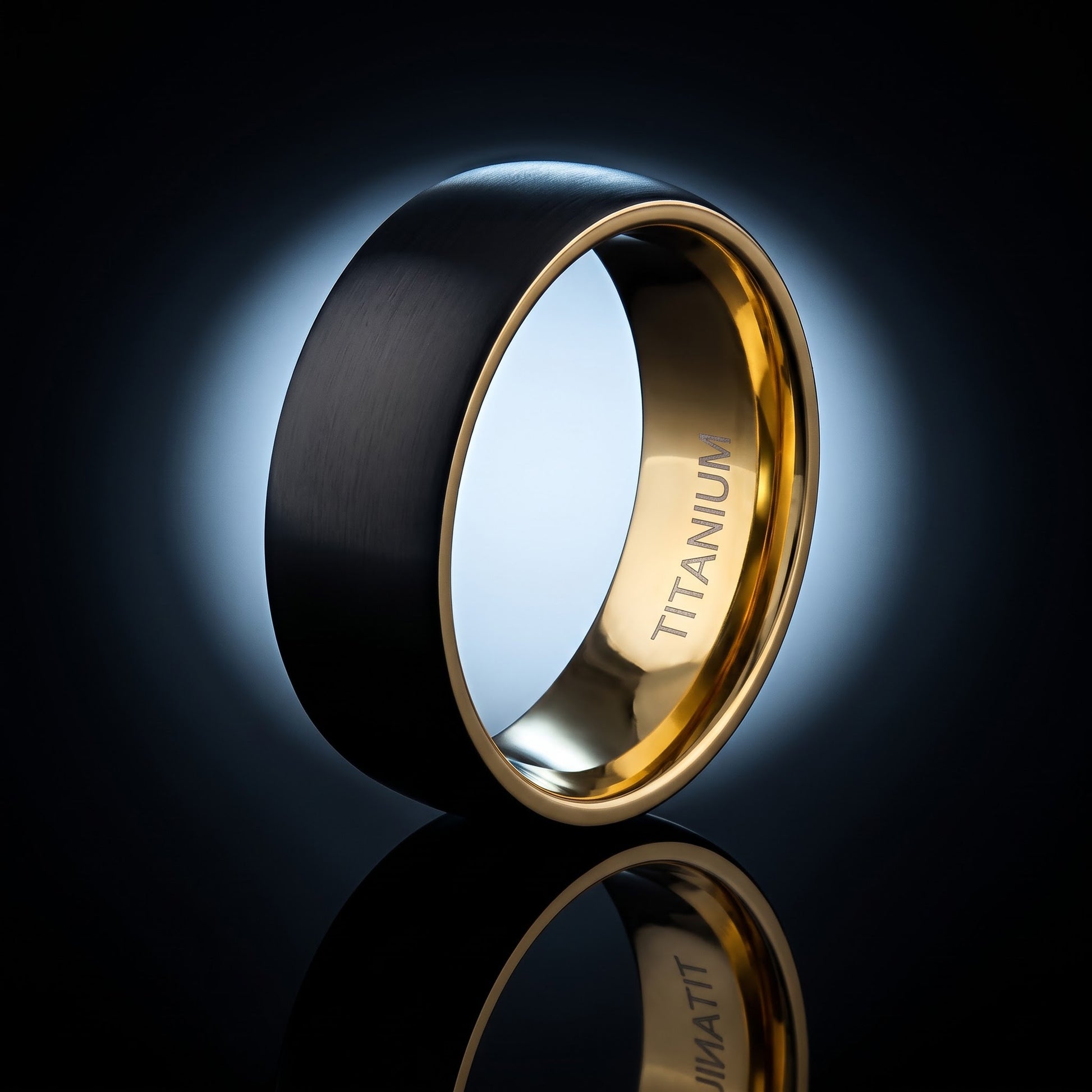 Titanium Men's 8mm Black and Yellow Gold Brushed Wedding Band Ring, Comfort Fit, Gift for Him view 3