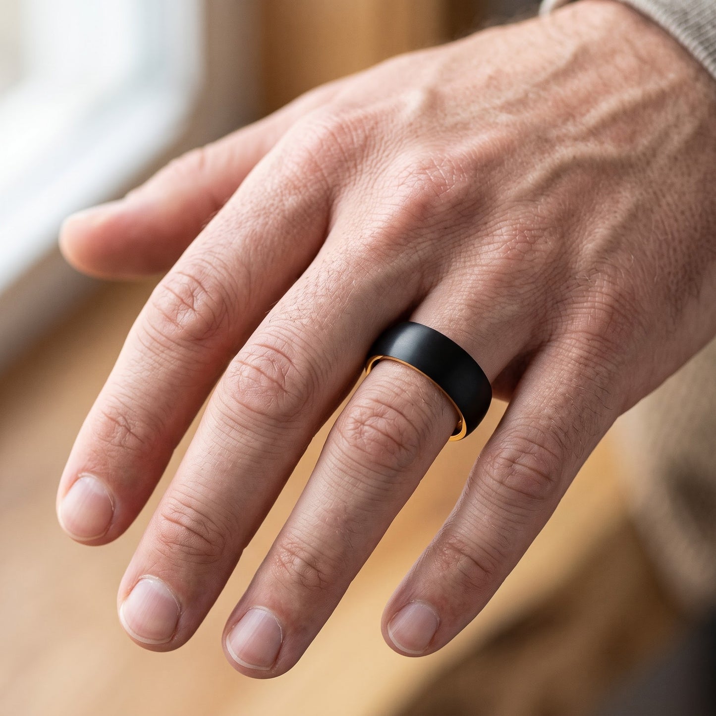 Titanium Men's 8mm Black and Yellow Gold Brushed Wedding Band Ring, Comfort Fit, Gift for Him view 5