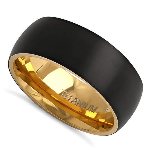 Titanium Men's 8mm Black and Yellow Gold Brushed Wedding Band Ring, Comfort Fit, Gift for Him