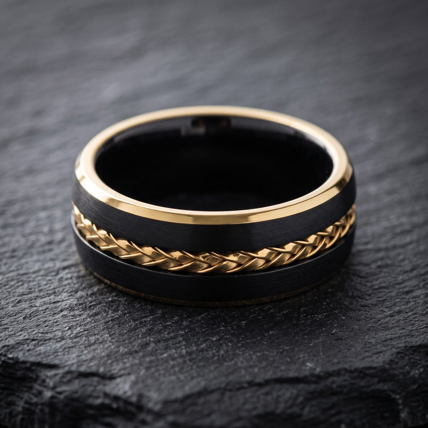 Titanium Men's 8mm Black with Yellow Gold Steel Cable Wedding Band Ring, Comfort Fit, Gift for Him view 1