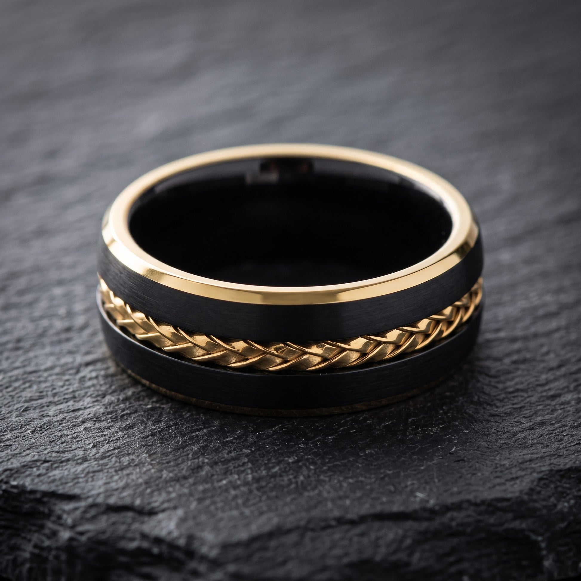 Titanium Men's 8mm Black with Yellow Gold Steel Cable Wedding Band Ring, Comfort Fit, Gift for Him view 1