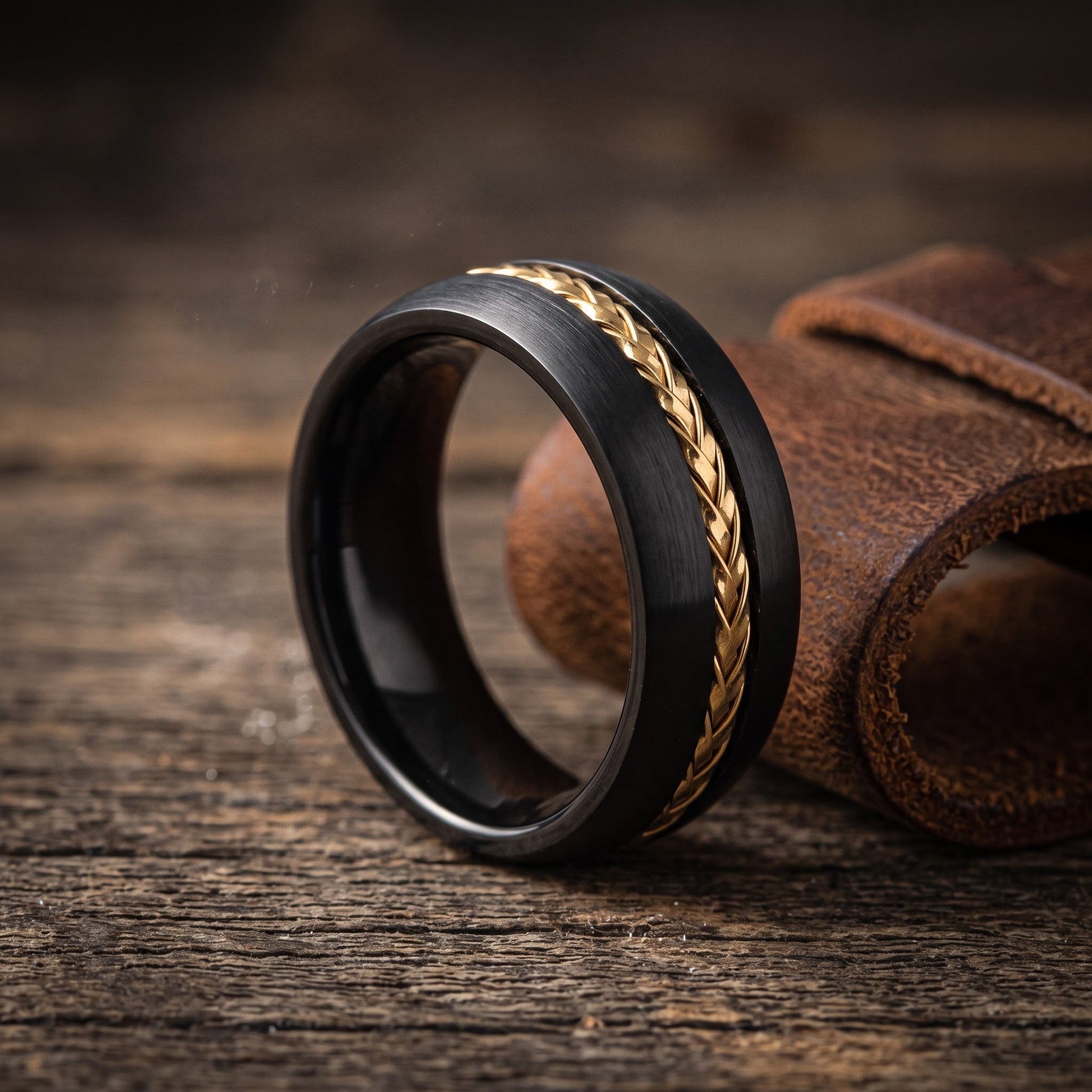 Titanium Men's 8mm Black with Yellow Gold Steel Cable Wedding Band Ring, Comfort Fit, Gift for Him view 2