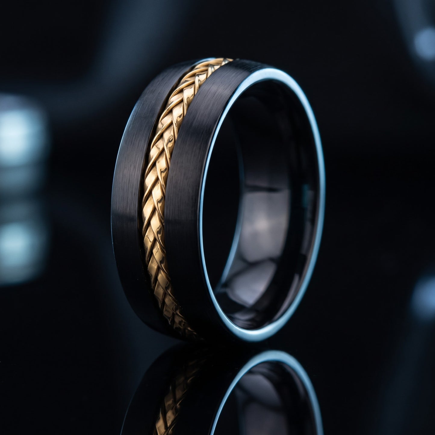 Titanium Men's 8mm Black with Yellow Gold Steel Cable Wedding Band Ring, Comfort Fit, Gift for Him view 3