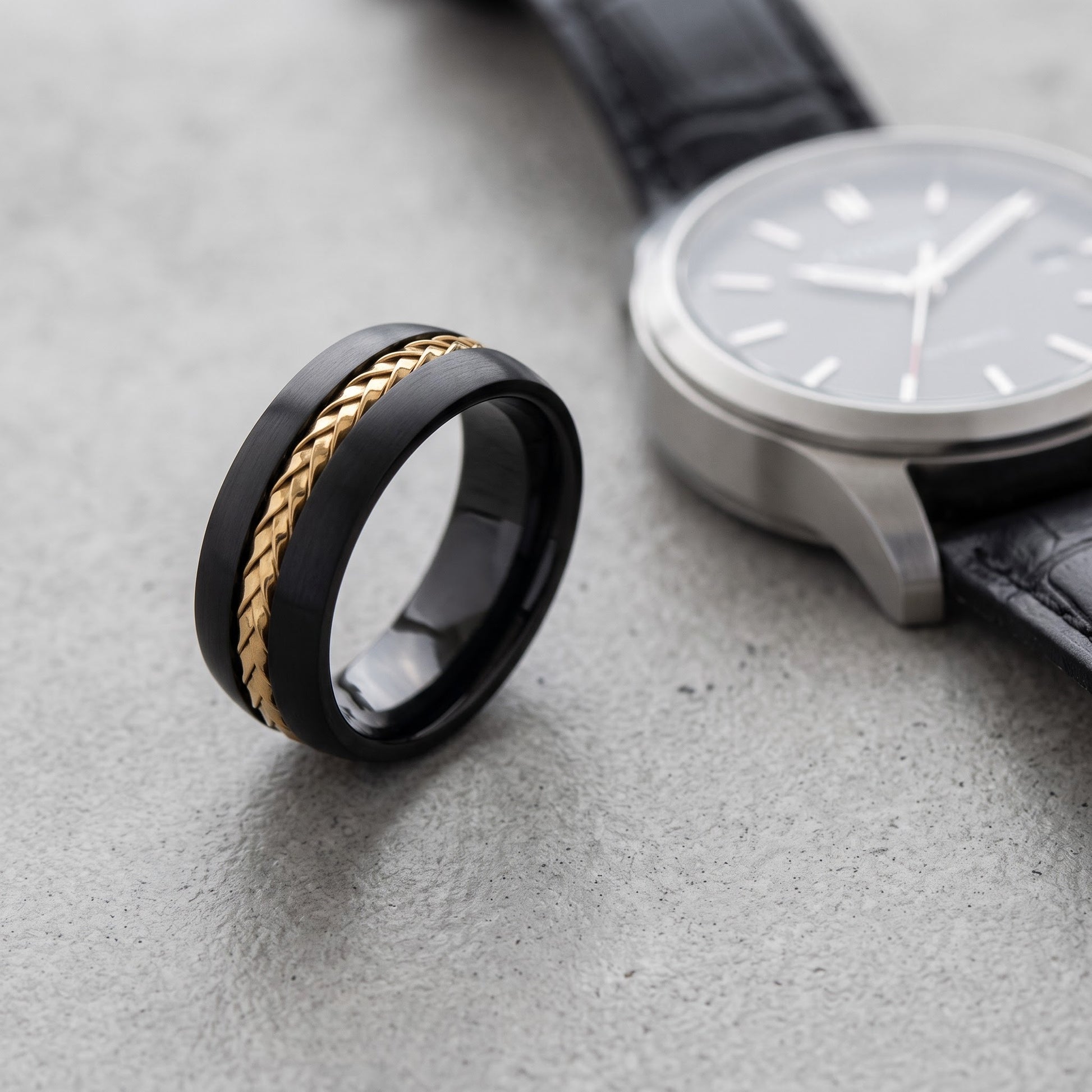 Titanium Men's 8mm Black with Yellow Gold Steel Cable Wedding Band Ring, Comfort Fit, Gift for Him view 4