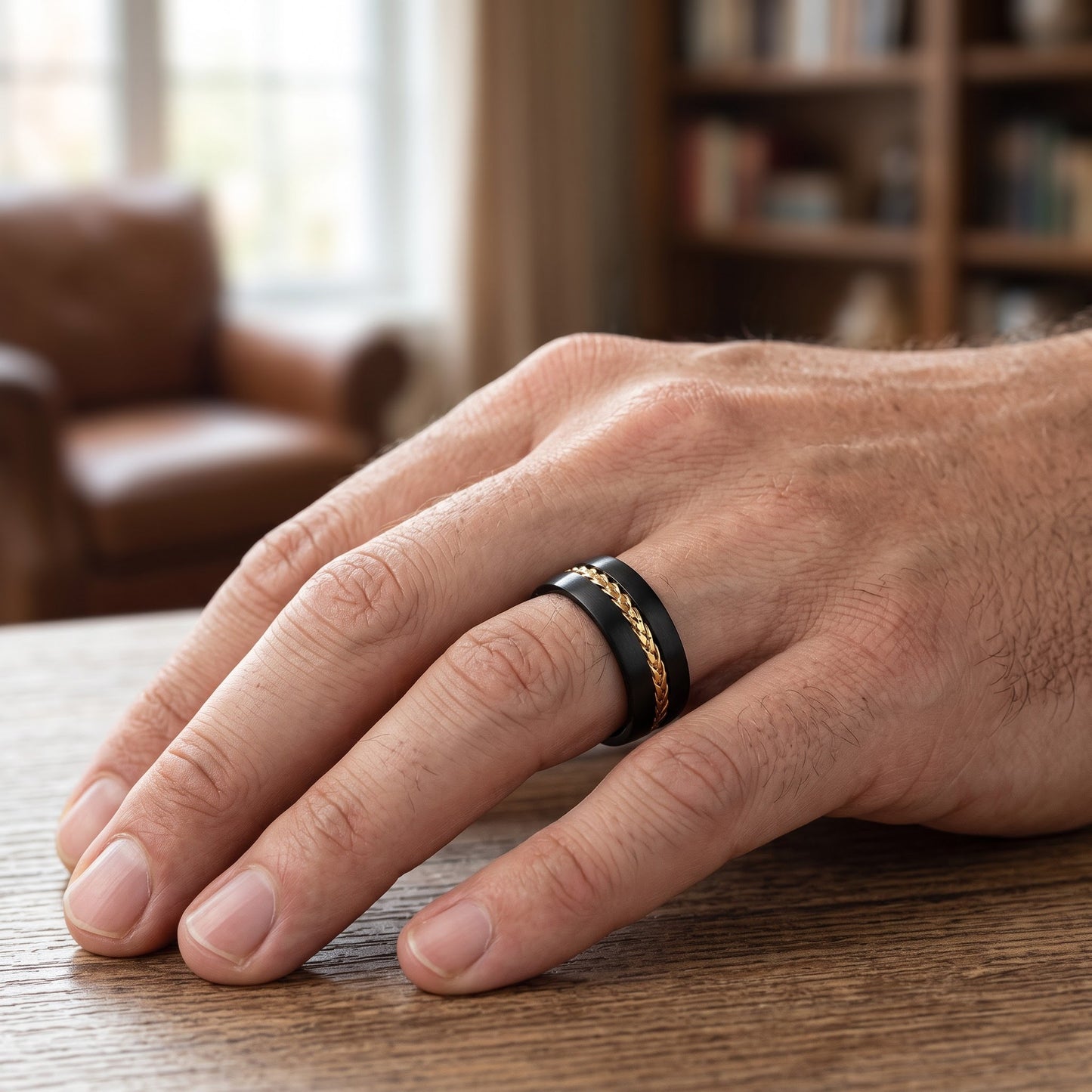 Titanium Men's 8mm Black with Yellow Gold Steel Cable Wedding Band Ring, Comfort Fit, Gift for Him view 5