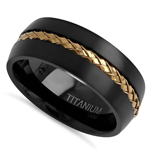 Titanium Men's 8mm Black with Yellow Gold Steel Cable Wedding Band Ring, Comfort Fit, Gift for Him
