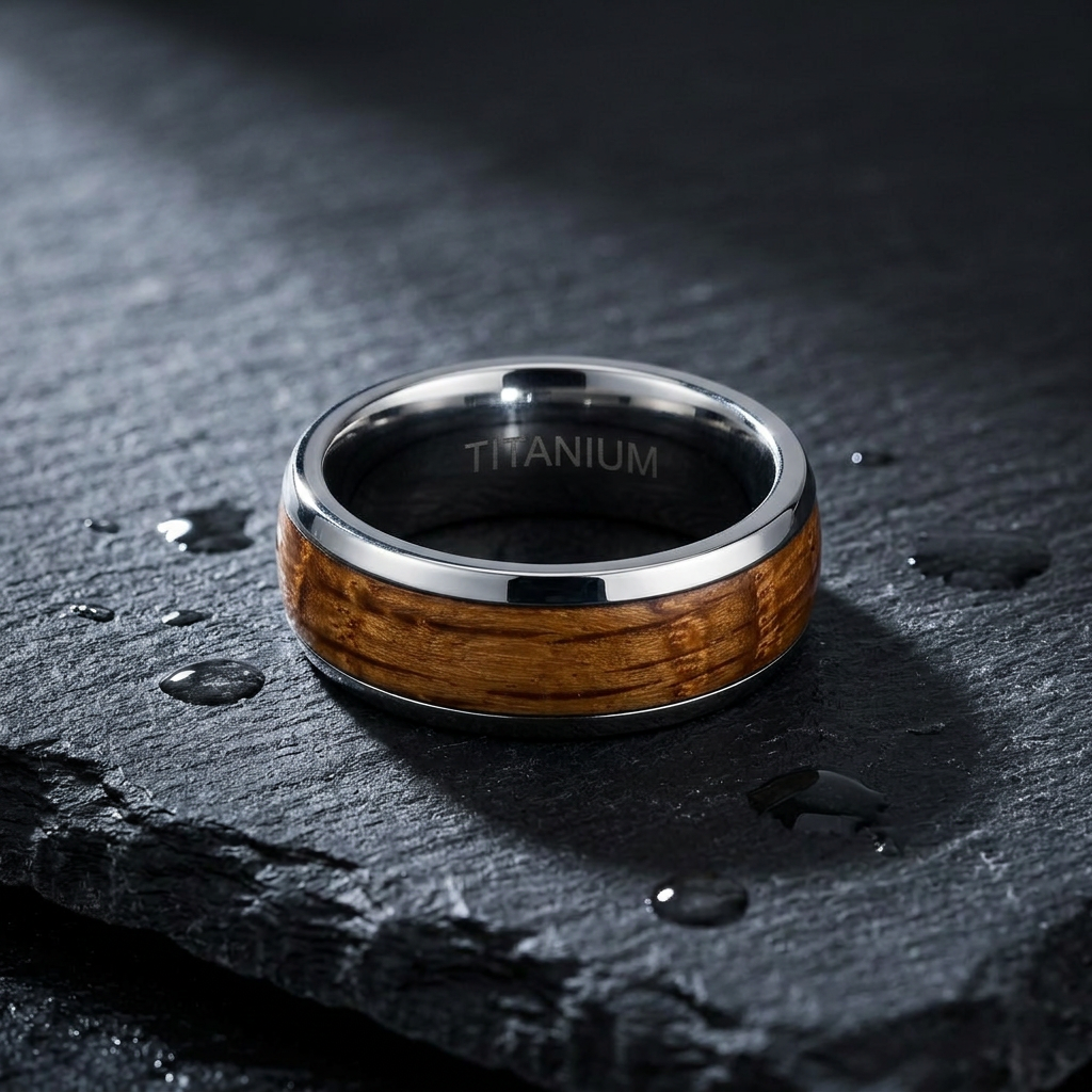 Titanium 8mm Whiskey Barrel Wood Inlay Comfort Fit Wedding Band for Men life1