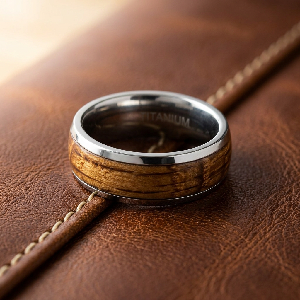 Titanium 8mm Whiskey Barrel Wood Inlay Comfort Fit Wedding Band for Men life2