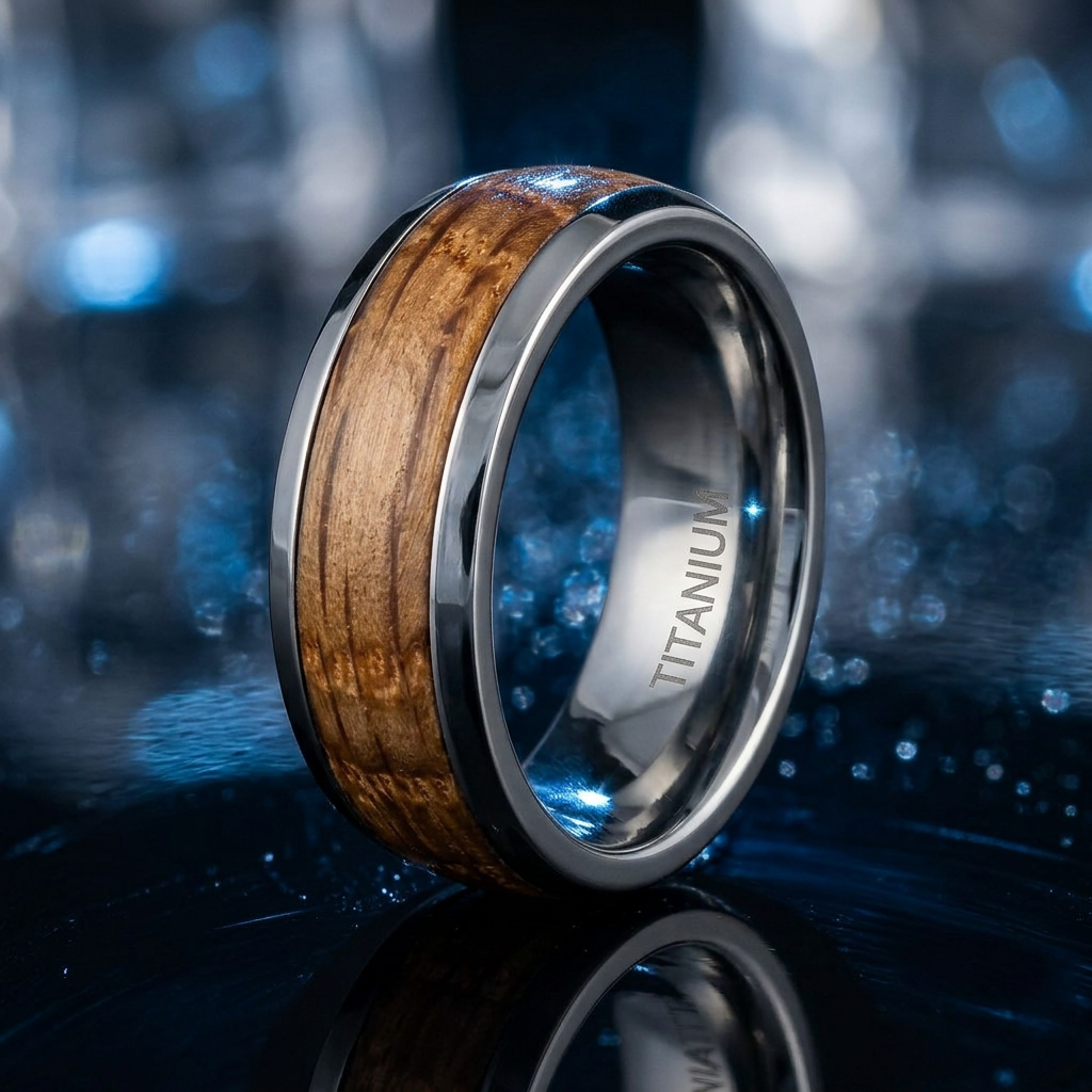 Titanium 8mm Whiskey Barrel Wood Inlay Comfort Fit Wedding Band for Men life4