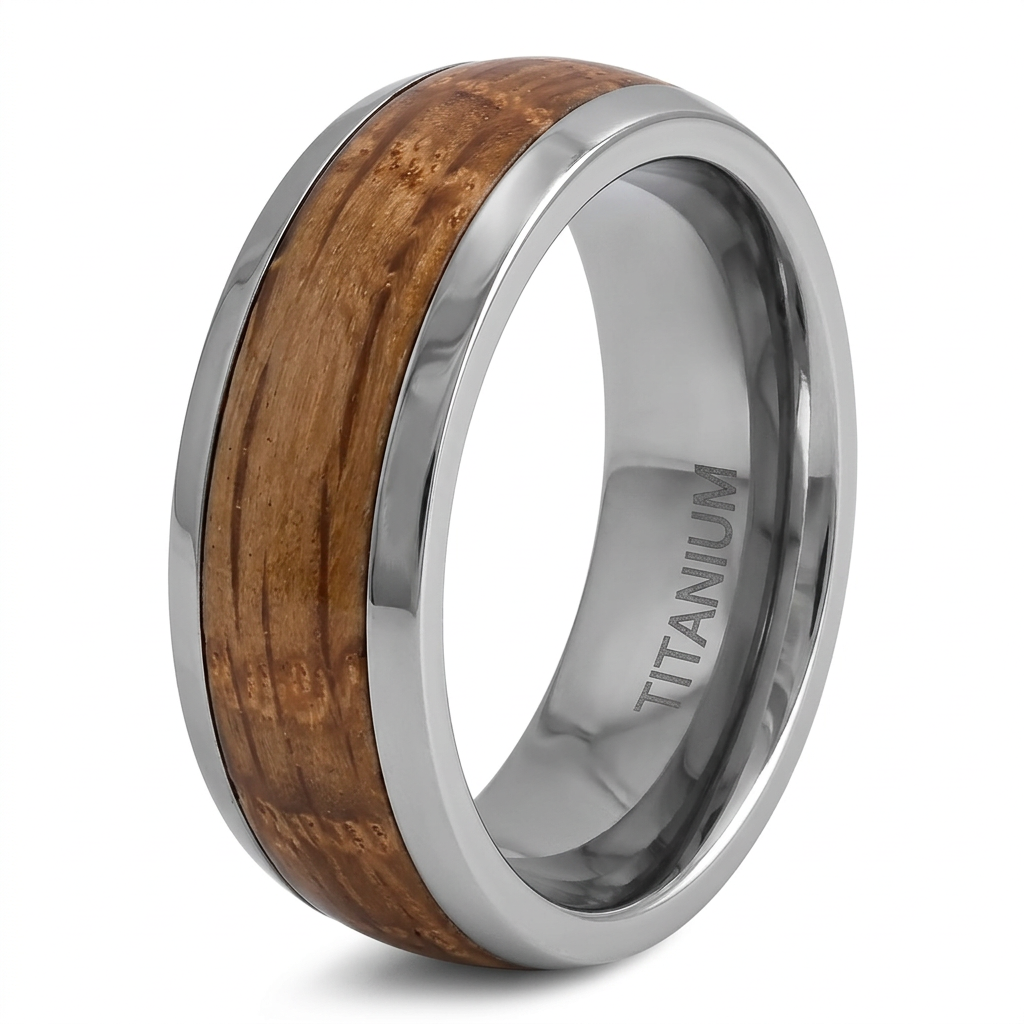Titanium 8mm Whiskey Barrel Wood Inlay Comfort Fit Wedding Band for Men