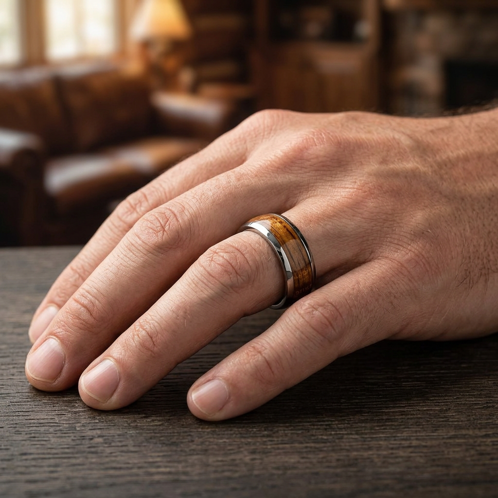Titanium 8mm Whiskey Barrel Wood Inlay Comfort Fit Wedding Band for Men model