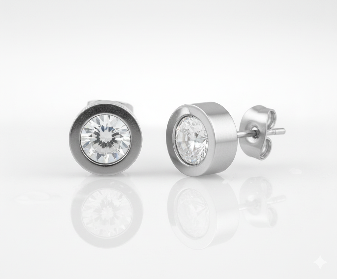 Stainless Steel Bezel Set Round Cubic Zirconia Stud Earrings for Women – Hypoallergenic, Modern Minimalist Design