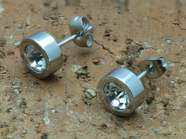 Thick Round Stainless Steel Unisex Cz Stud Earrings - 6MM