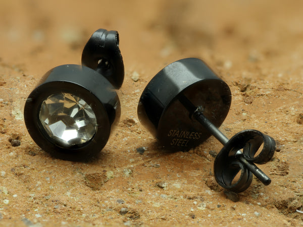 Thick Round Black Steel Unisex Cz Stud Earrings - 6MM
