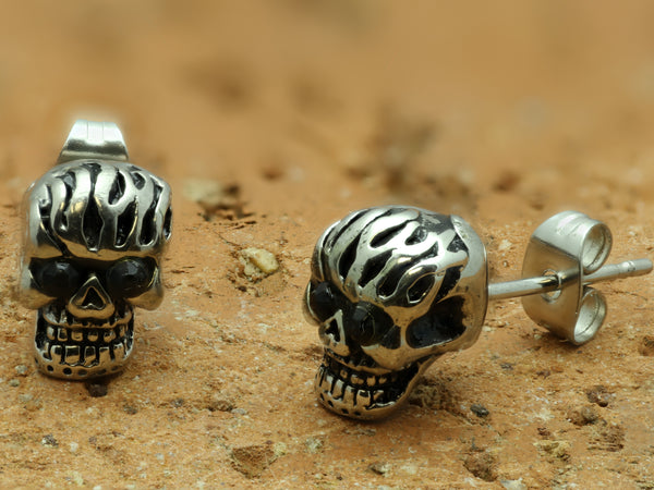 Stainless Steel Black Cz Girls Biker Skull Stud Earrings