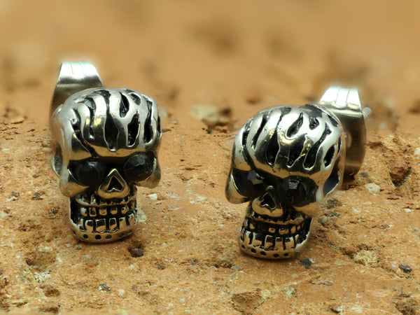 Stainless Steel Black Cz Girls Biker Skull Stud Earrings