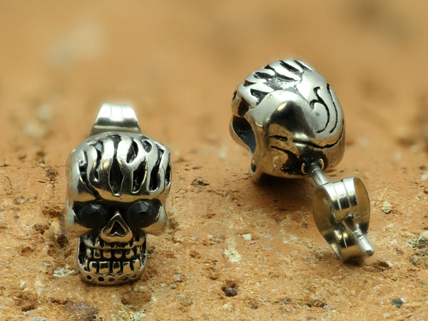 Stainless Steel Black Cz Girls Biker Skull Stud Earrings