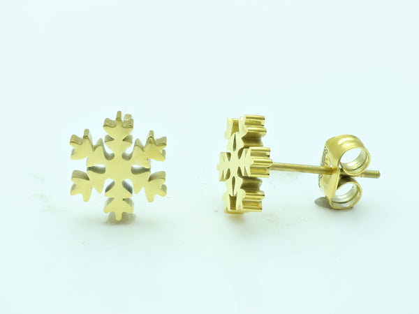 Stainless Steel Womens Yellow Gold Tone Winter Snowflake Push Back Stud Earrings