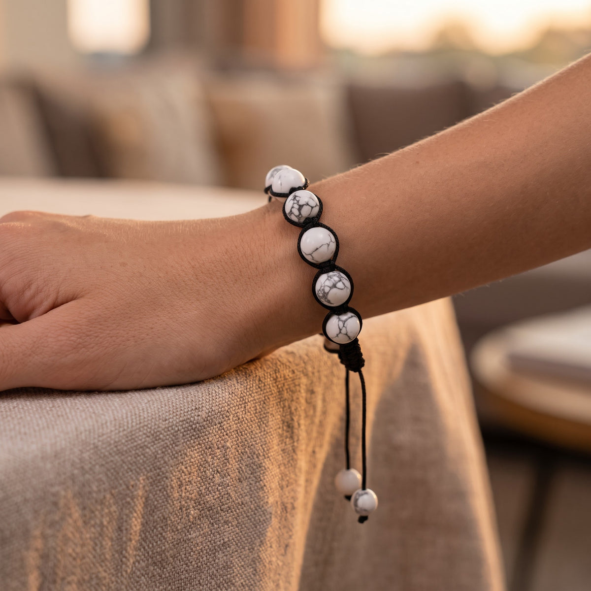Black Thread White Streak Howlite Tibetan Shamballa Bead Bracelet 7-8 Inch Adjustable Perfect for Meditation worn, lifestyle photo