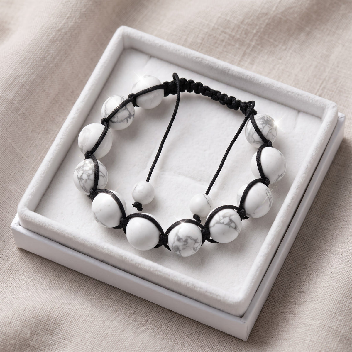 Black Thread White Streak Howlite Tibetan Shamballa Bead Bracelet 7-8 Inch Adjustable Perfect for Meditation in a white gift box, ready to give