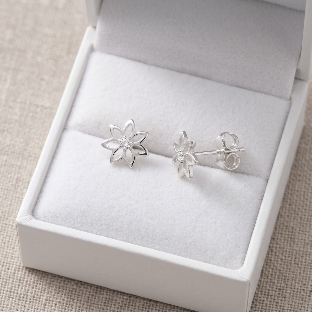 Sterling Silver Celtic Flower Stud Earrings, 8mm in a white gift box, ready to give