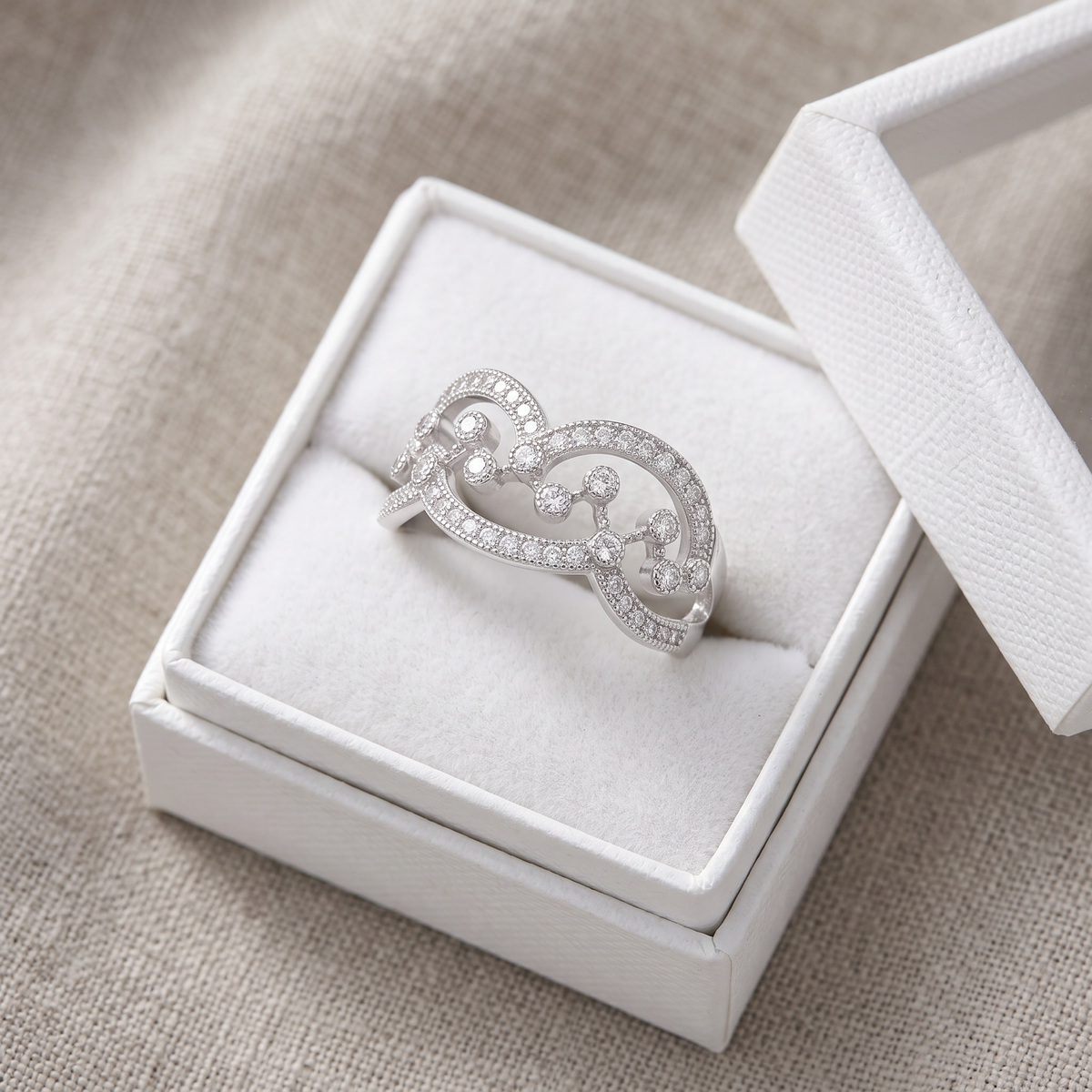 Sterling Silver CZ Free Form Chandelier Statement Ring in a white gift box, ready to give