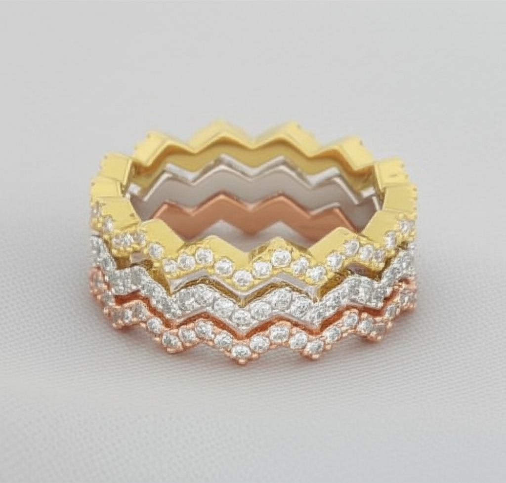 3-Piece Tri-Color Sterling Silver Zig Zag Eternity Ring Set for Women – Rose, Yellow & White Gold Plated