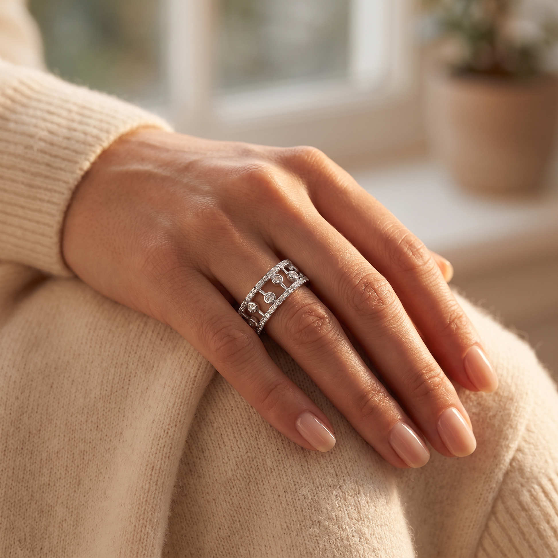 Sterling Silver CZ Statement Eternity Ring worn on a woman's hand in warm window light