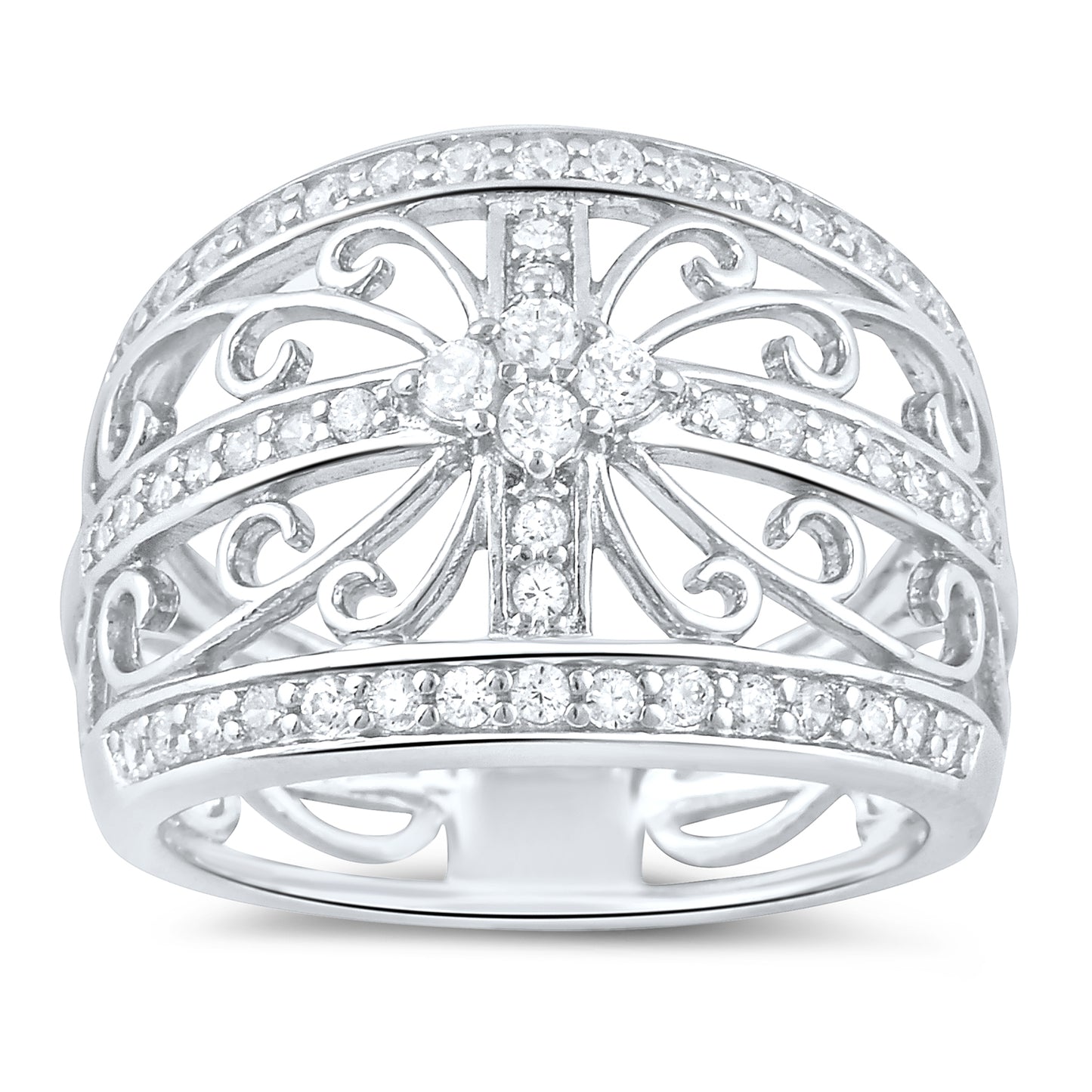 Sterling Silver Filigree Flower Cz Ring (Size 4-11)