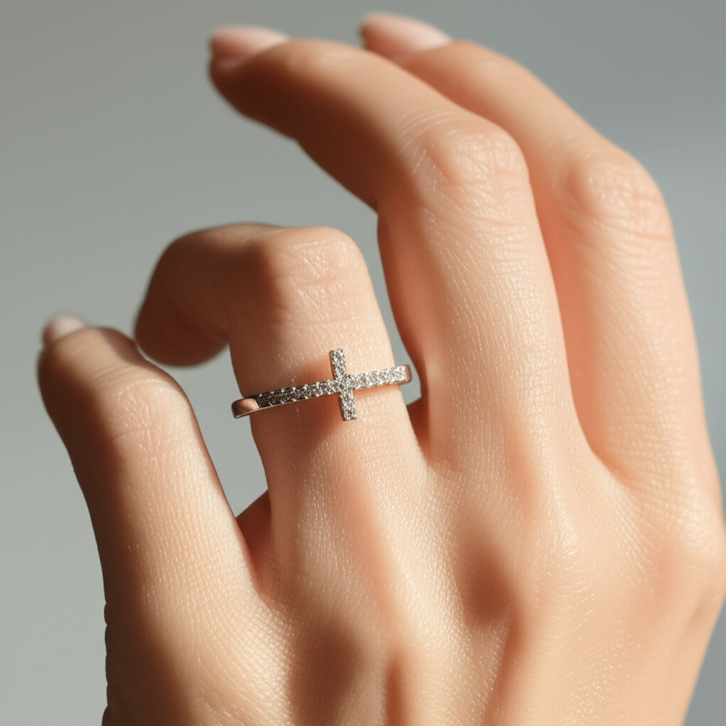 White Gold Over Sterling Silver Womens Cz Thin Stackable Sideways Cross Ring