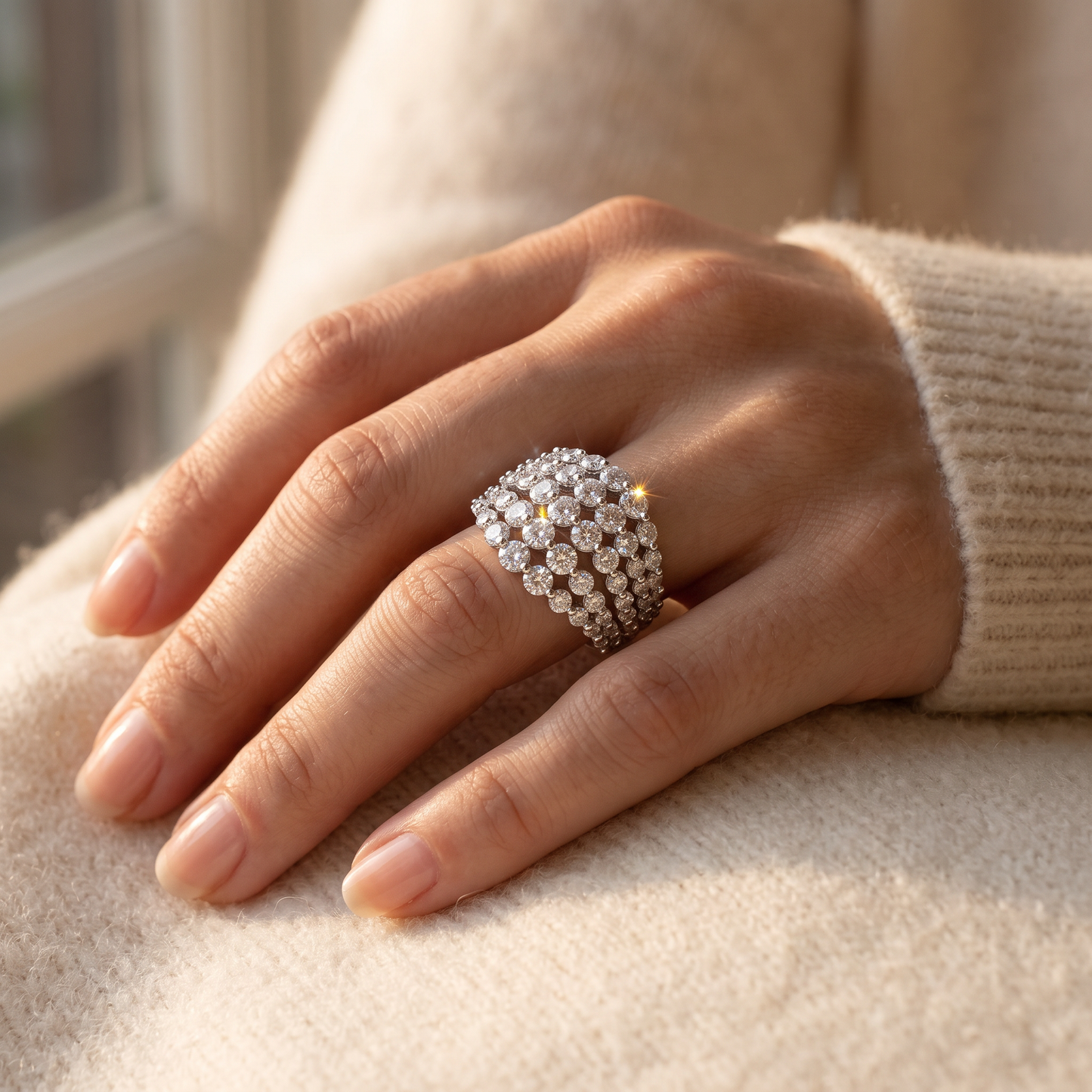 Sterling Silver 5 Row Simulated Diamond Statement Ring worn on a woman's hand in warm window light