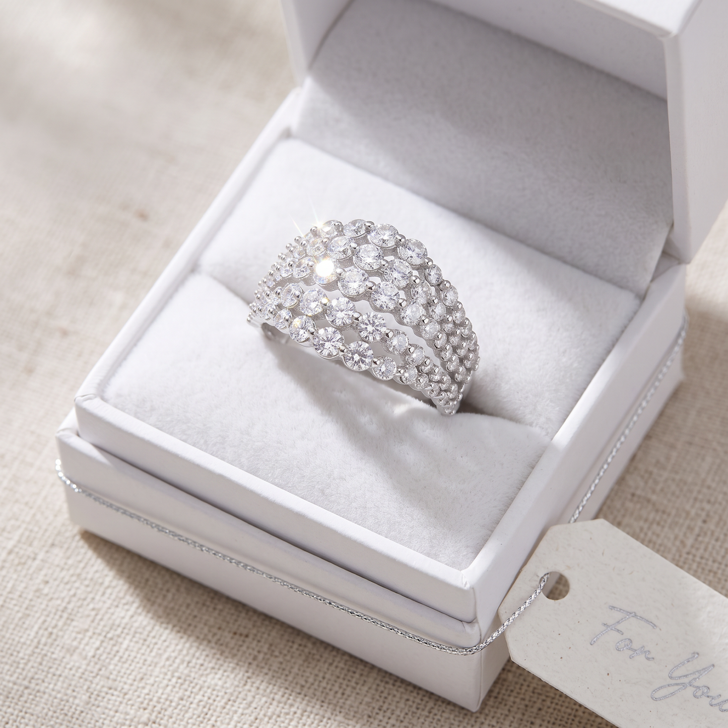 Sterling Silver 5 Row Simulated Diamond Statement Ring in a white gift box, ready to give
