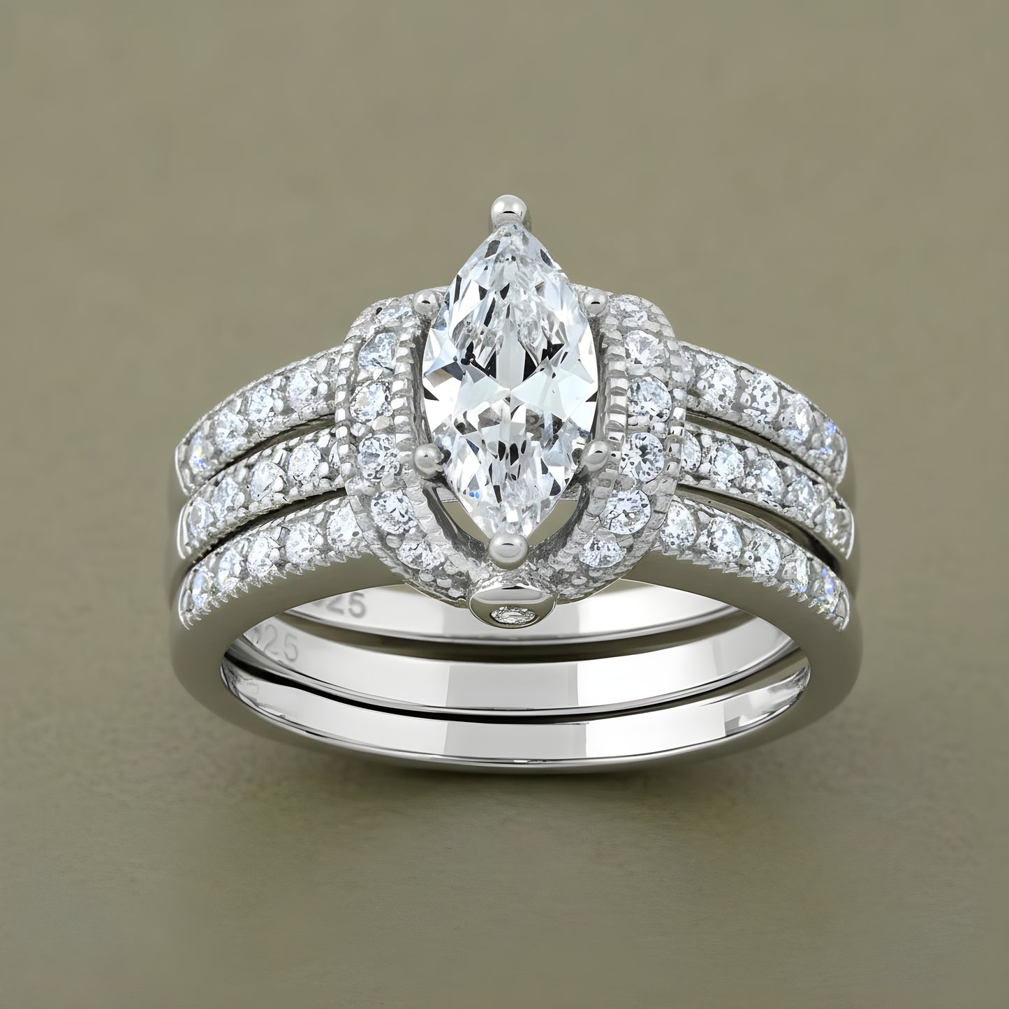Sterling Silver Marquise & Round CZ Engagement Ring Set – White Gold Plated, Sizes 3–13