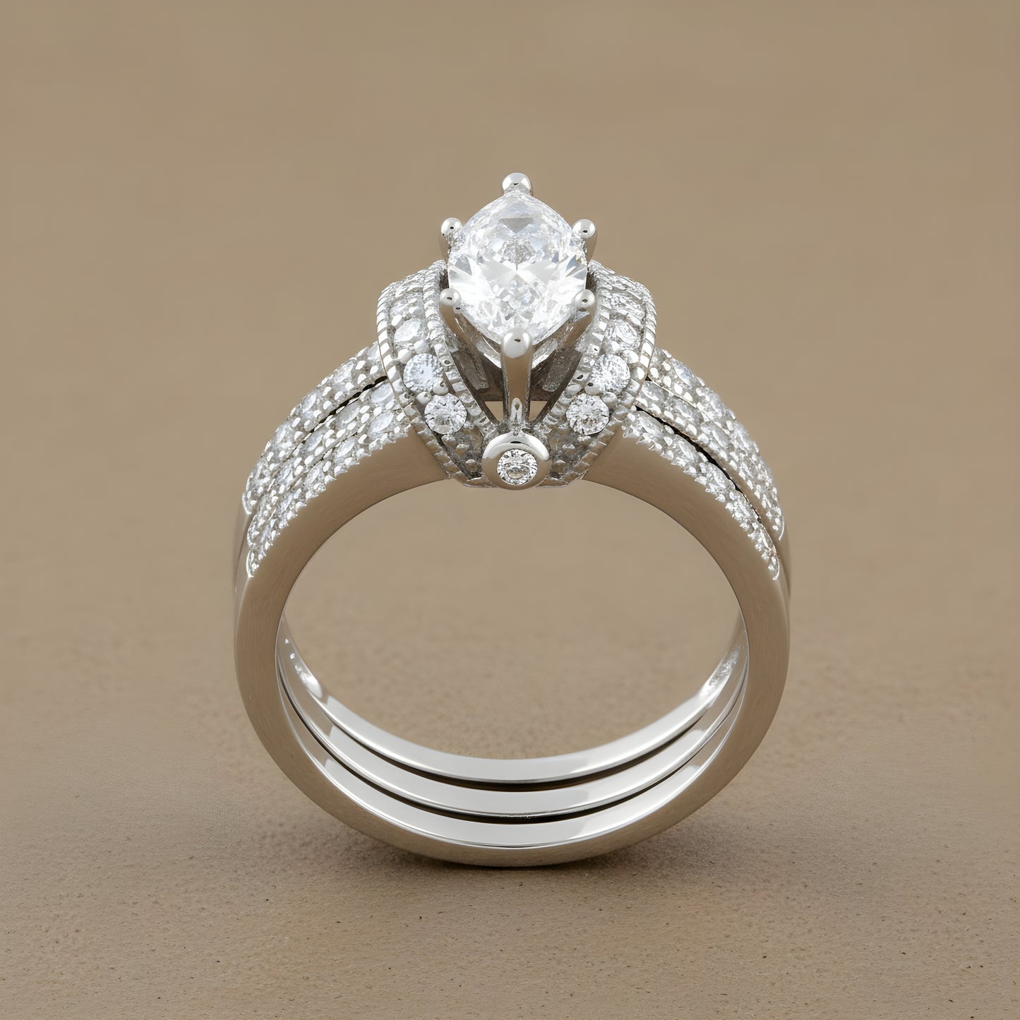Sterling Silver Marquise & Round CZ Engagement Ring Set – White Gold Plated, Sizes 3–13