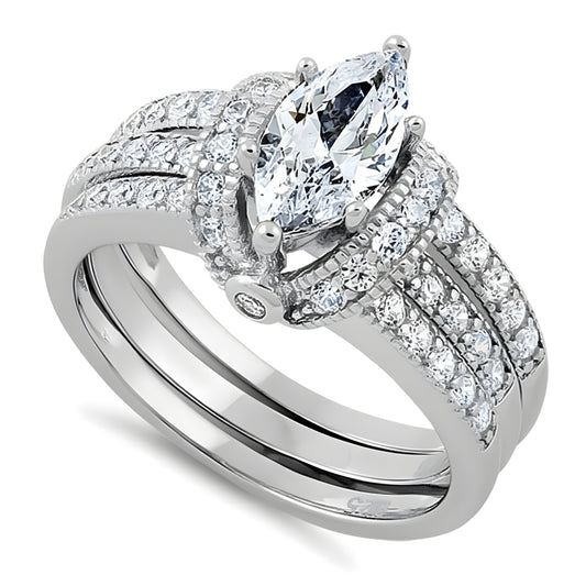 Sterling Silver Marquise & Round CZ Engagement Ring Set – White Gold Plated, Sizes 3–13