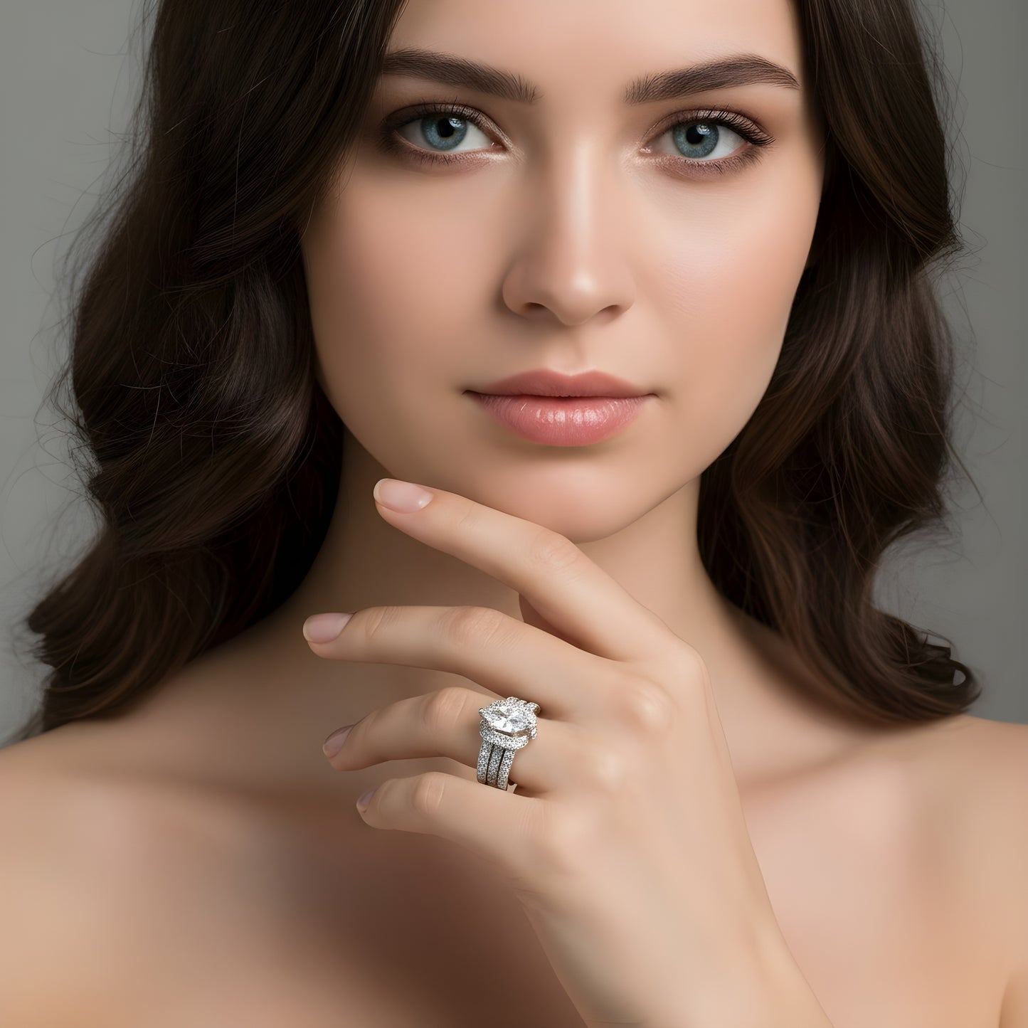 Sterling Silver Marquise & Round CZ Engagement Ring Set – White Gold Plated, Sizes 3–13