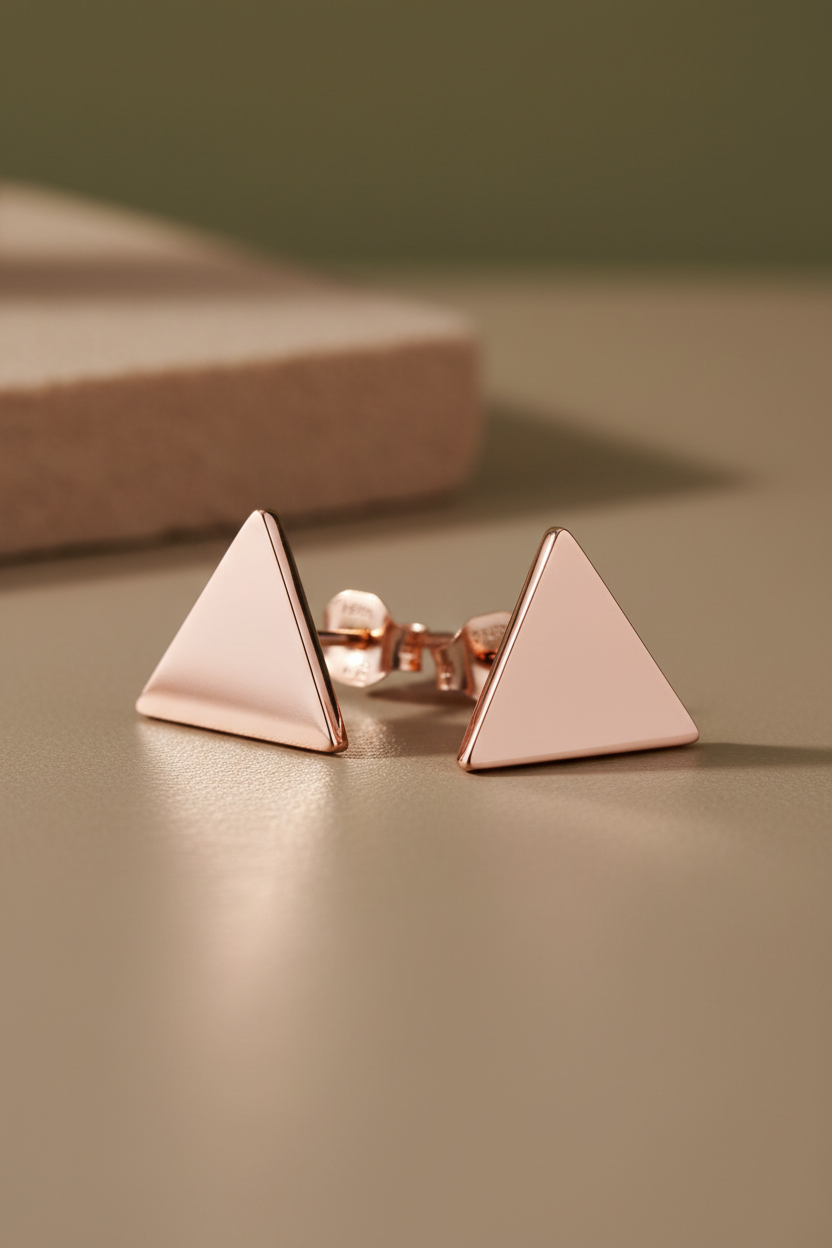 Rose Gold Plated Sterling Silver Dainty Womens Pyramid Delta Triangle Stud Earrings - Delta Earrings for Women Teens Sisters - 10MM Width