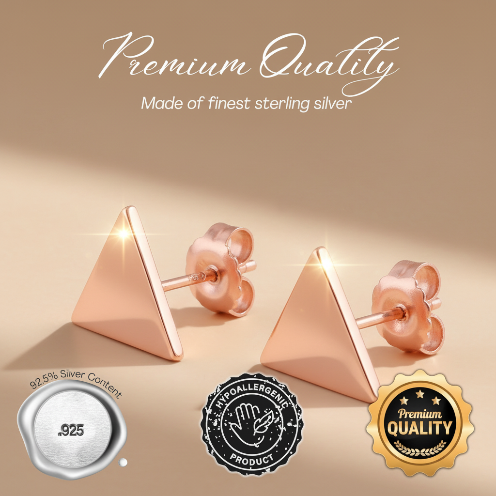 Rose Gold Plated Sterling Silver Dainty Womens Pyramid Delta Triangle Stud Earrings - Delta Earrings for Women Teens Sisters - 10MM Width