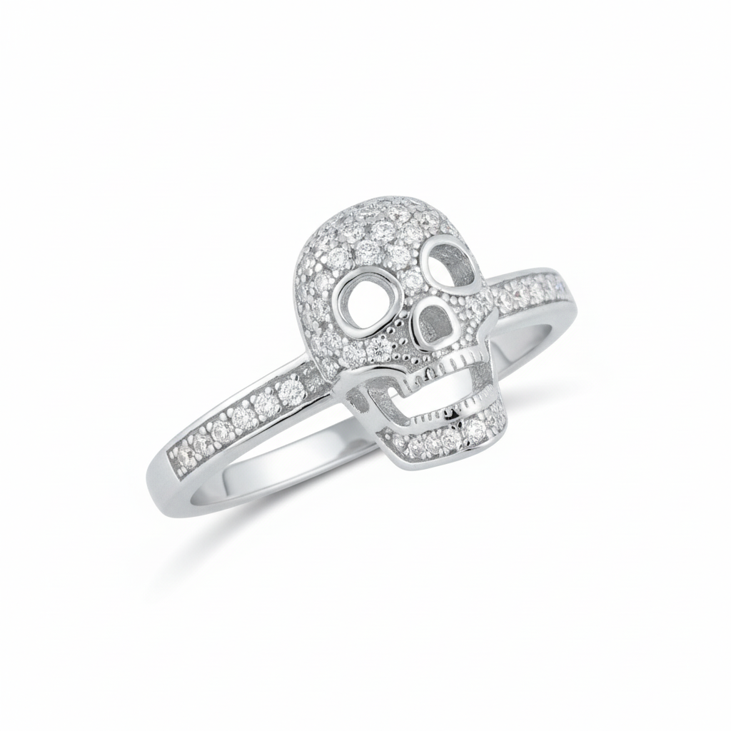 White Gold Dipped Sterling Silver Women’s Skull Ring – Moissanite Pavé Design (Gift Box Included)