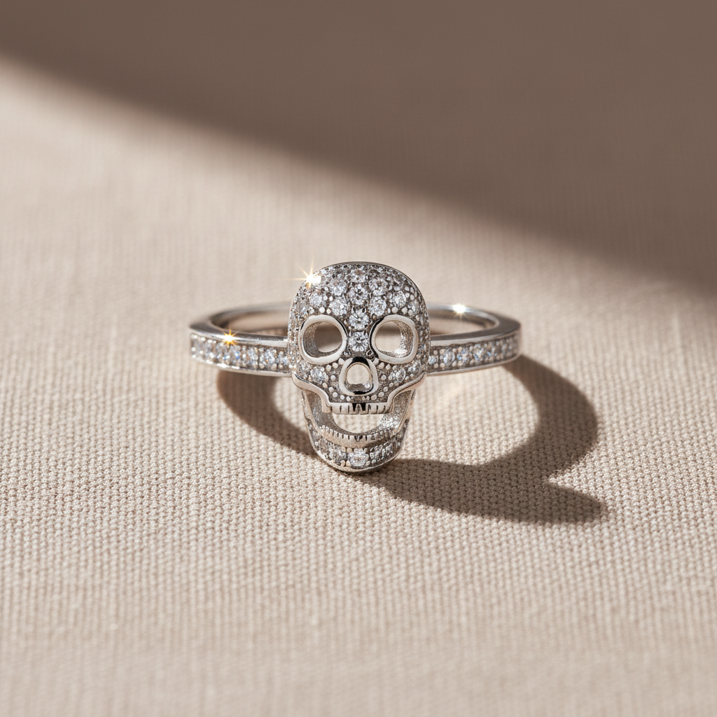 White Gold Dipped Sterling Silver Women’s Skull Ring – Moissanite Pavé Design (Gift Box Included)