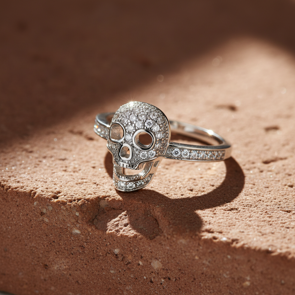 White Gold Dipped Sterling Silver Women’s Skull Ring – Moissanite Pavé Design (Gift Box Included)