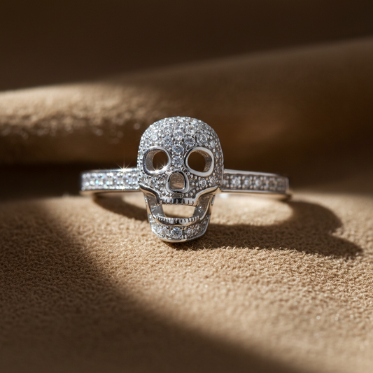 White Gold Dipped Sterling Silver Women’s Skull Ring – Moissanite Pavé Design (Gift Box Included)