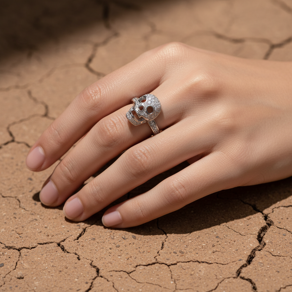 White Gold Dipped Sterling Silver Women’s Skull Ring – Moissanite Pavé Design (Gift Box Included)