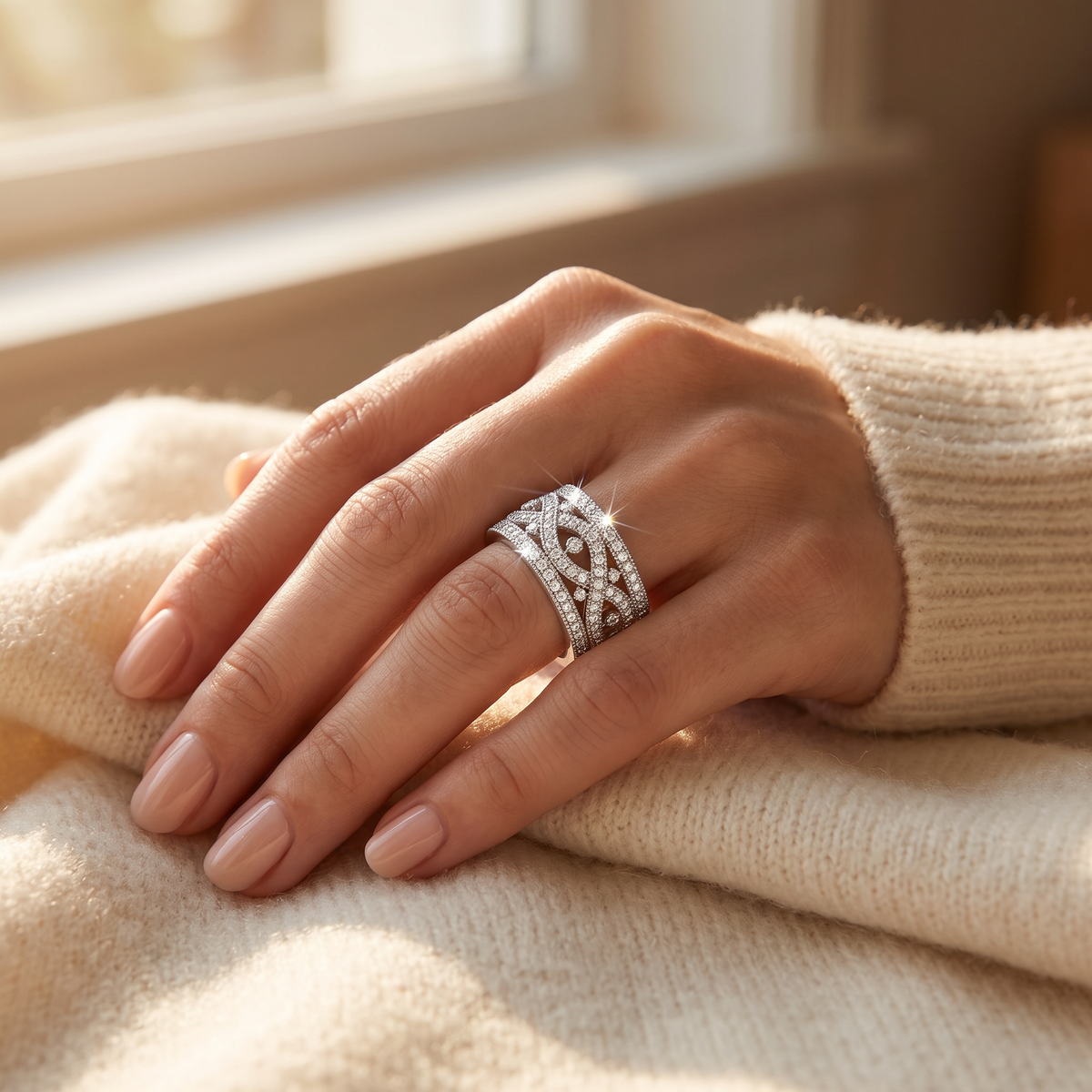 Sterling Silver Simulated Diamond Wide Infinity Statement Ring worn on a woman's hand in warm window light